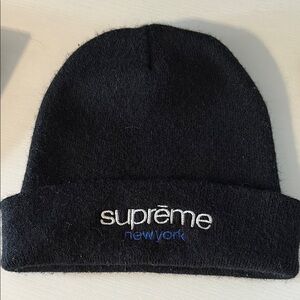 Supreme Black Beanie with White and Blue Embroidery